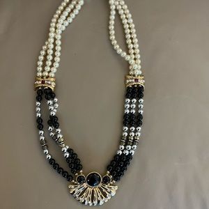 Vintage faux pearl, black bead and rhinestone necklace - 24-25”.